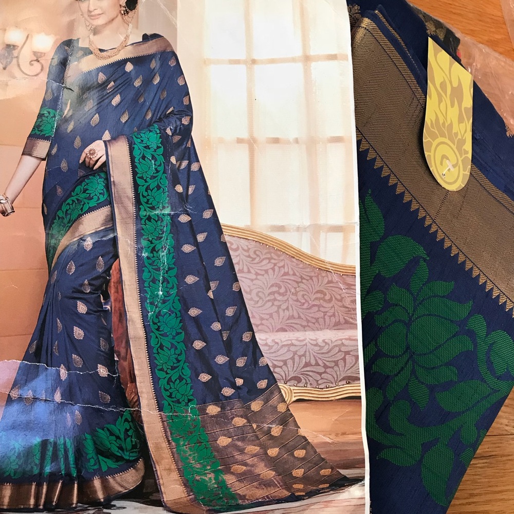 SOLD!!!- Silk/katan saree in blue, green and gold
